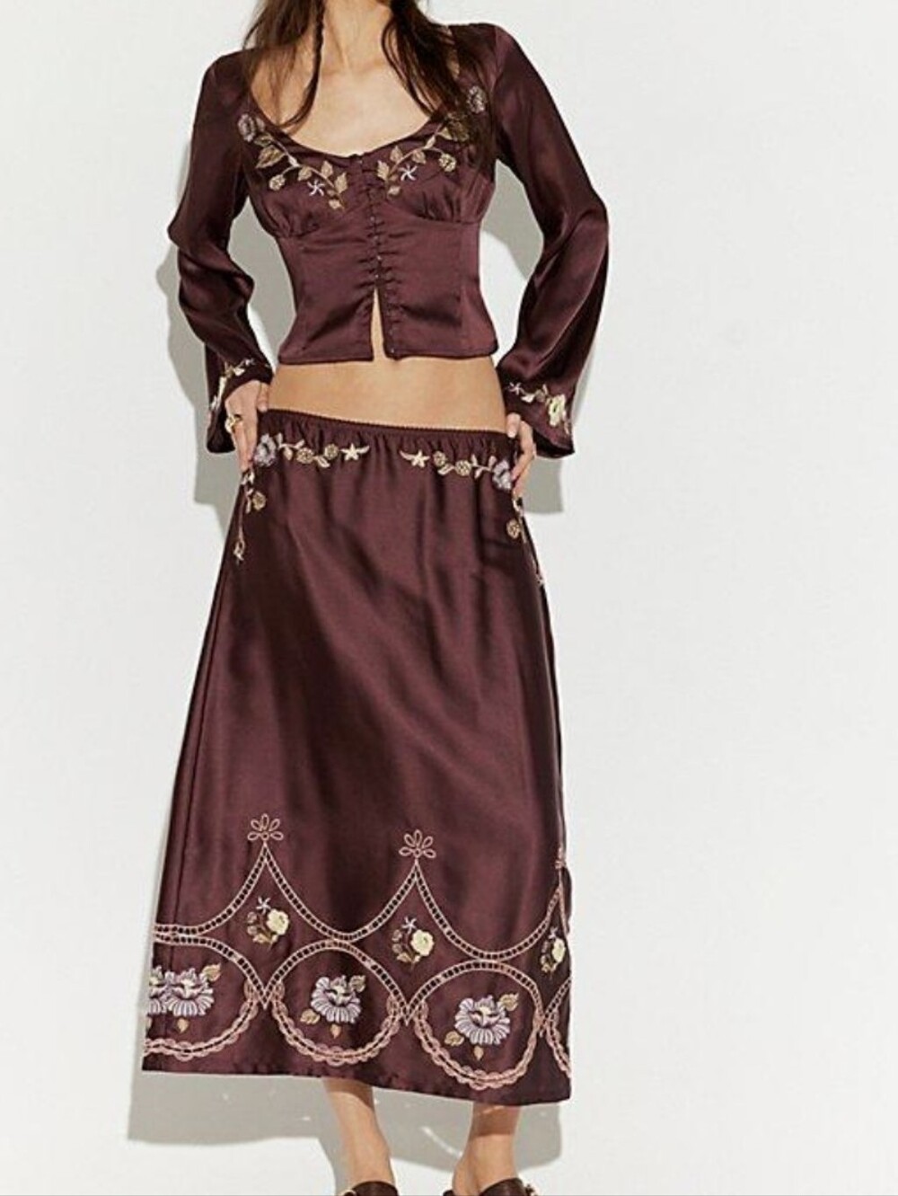 NWT Free People Embroidered Two-Piece Set Bell Sleeve Top & Zipper Midi Skirt Si